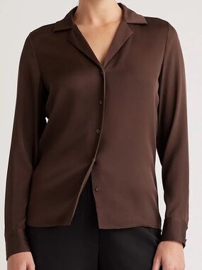 Quince, Silk Notch Collar Blouse, XS, Hot Fudge